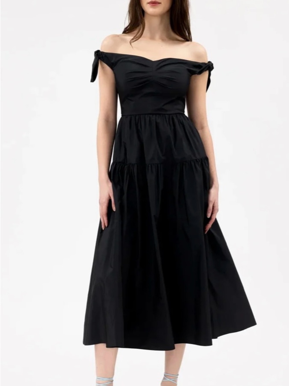 Tanya Taylor Off-Shoulder Black Midi Dress - Elegant Women's Party Dress